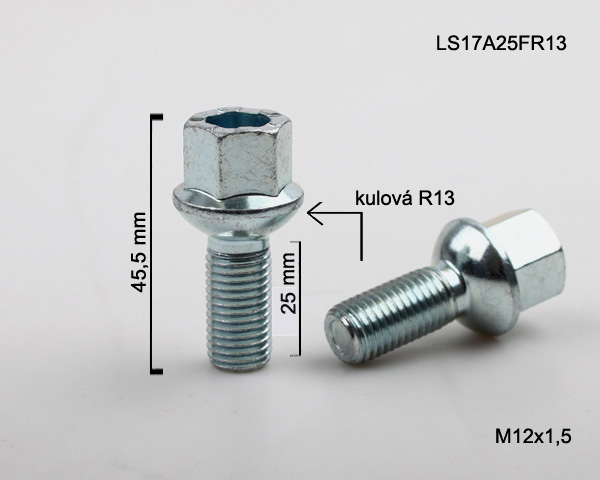 Kolový šroub M12x1,5x25mm dosedací plocha koule R13, klíč 17, stříbrný pozink