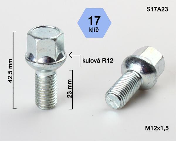 Kolový šroub M12x1,5x23mm, dosedací plocha koule R12, klíč 17, pozink