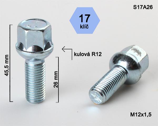 Kolový šroub M12x1,5x26mm dosedací plocha koule R12, klíč 17, pozink