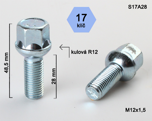 Kolový šroub M12x1,5x28mm, dosedací plocha koule, klíč 17, pozink