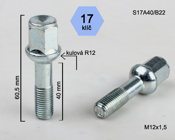 Kolový šroub M12x1,5x40mm dosedací plocha koule R12, klíč 17, pozink