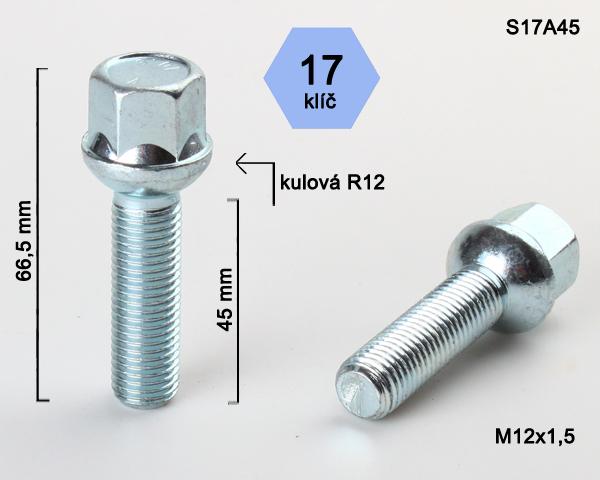 Kolový šroub M12x1,5x45mm, dosedací plocha koule R12, klíč 17, pozink