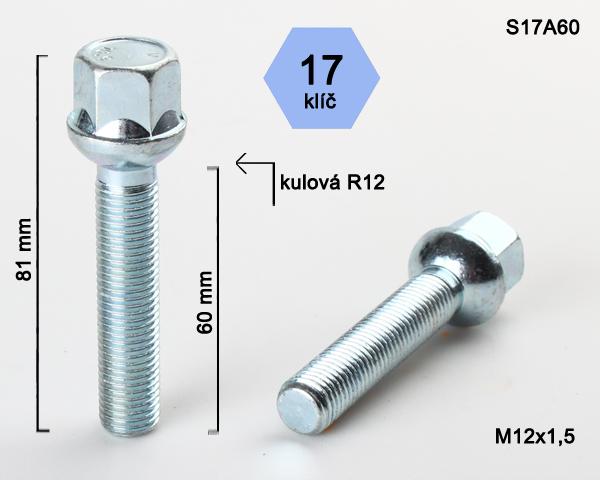 Kolový šroub M12x1,5x60mm, dosedací plocha koule R12, klíč 17, pozink
