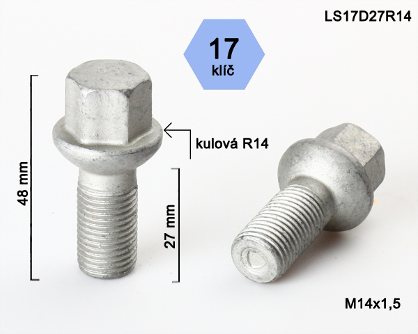 Kolový šroub M14x1,5x27mm, dosedací plocha koule R14, klíč 17, povrch pozink