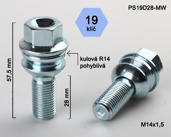 Kolový šroub M14x1,5x28mm, dosedací plocha koule R14 pohyblivá, klíč 19, pozink stříbrný