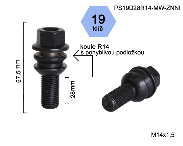 Kolový šroub M14x1,5x28mm, dosedací plocha koule R14 pohyblivá, klíč 19, pozink černý
