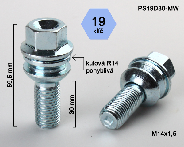 Kolový šroub M14x1,5x30mm dosedací plocha koule R14 pohyblivá, klíč 19, pozink