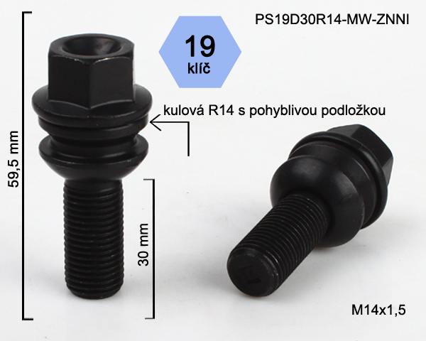 Kolový šroub M14x1,5x30mm, dosedací plocha koule R14 pohyblivá, klíč 19, pozink