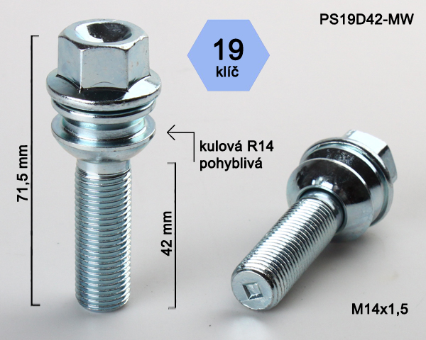 Kolový šroub M14x1,5x42mm, dosedací plocha koule R14 pohyblivá, klíč 19, pozink stříbrný