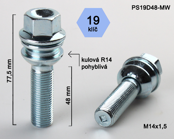 Kolový šroub M14x1,5x48mm, dosedací plocha koule R14 pohyblivá, klíč 19, pozink stříbrný