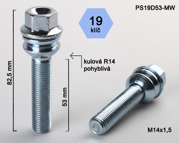 Kolový šroub M14x1,5x53mm, dosedací plocha koule R14 pohyblivá, klíč 19, pozink stříbrný