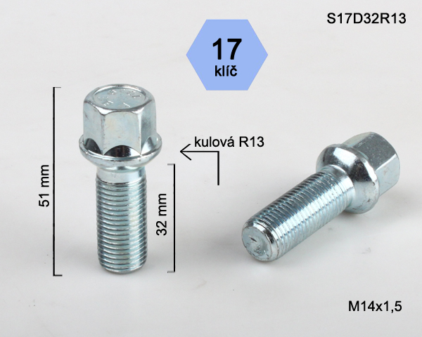 Kolový šroub M14x1,5x32mm, dosedací plocha koule R13, klíč 17, pozink