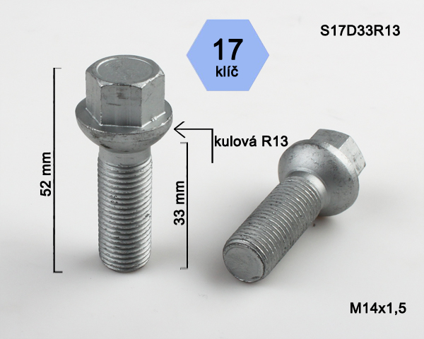 Kolový šroub M14x1,5x33mm, dosedací plocha koule R13, klíč 17, pozink