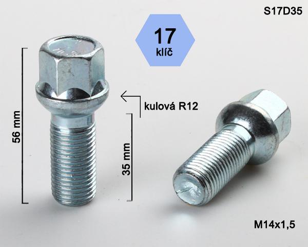 Kolový šroub M14x1,5x35mm, dosedací plocha koule R12, klíč 17, pozink