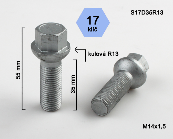 Kolový šroub M14x1,5x35mm, dosedací plocha koule R13, klíč 17, pozink