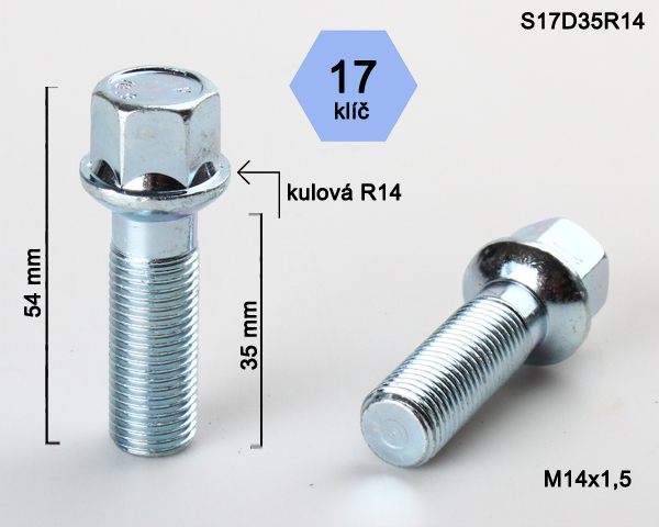 Kolový šroub M14x1,5x35mm, dosedací plocha koule R14, klíč 17, pozink