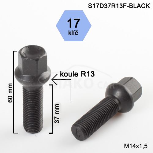 Kolový šroub M14x1,5x37mm, dosedací plocha koule R13, klíč 17, černý pozink