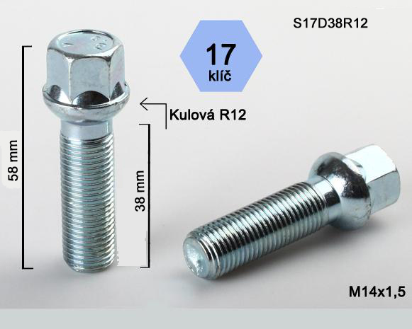 Kolový šroub M14x1,5x38mm dosedací plocha koule R12, klíč 17, pozink