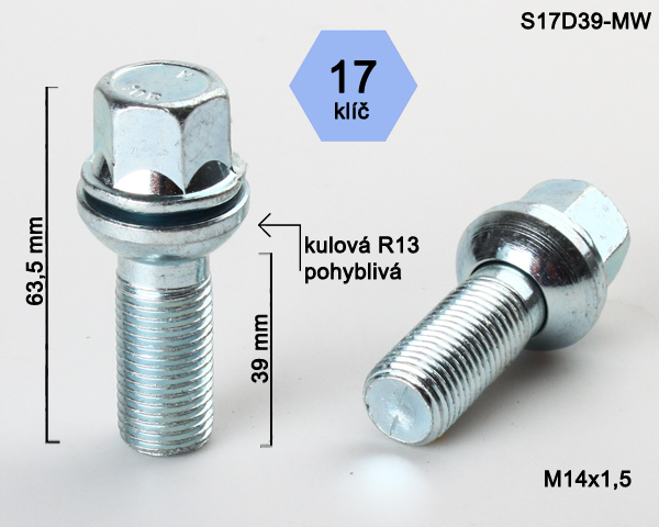 Kolový šroub M14x1,5x39mm, dosedací plocha koule R13 pohyblivá, klíč 17, pozink