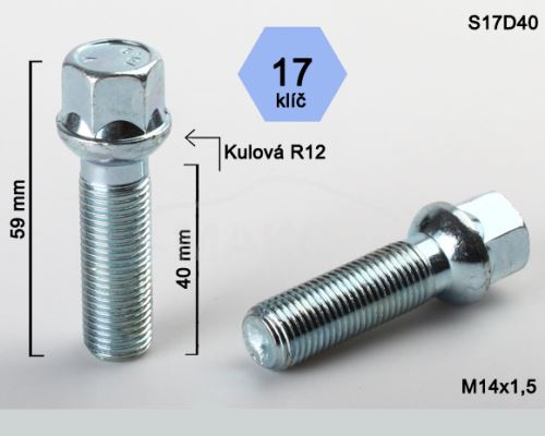 Kolový šroub M14x1,5x40mm, dosedací plocha koule R12, klíč 17, pozink