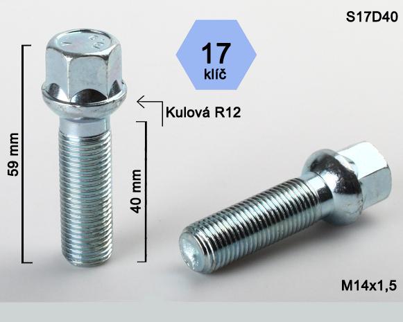 Kolový šroub M14x1,5x40mm, dosedací plocha koule R12, klíč 17, pozink G