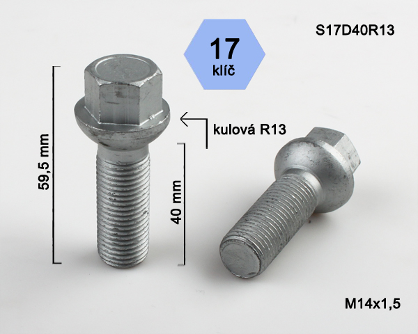 Šroub na kola M14x1,5x40mm, dosedací plocha koule R13, klíč 17, pozink