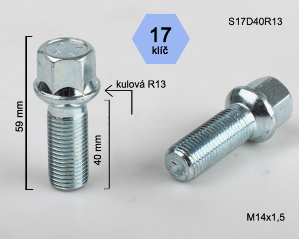 Šroub M14x1,5x40mm, dosedací plocha koule R13, klíč 17, pozink G