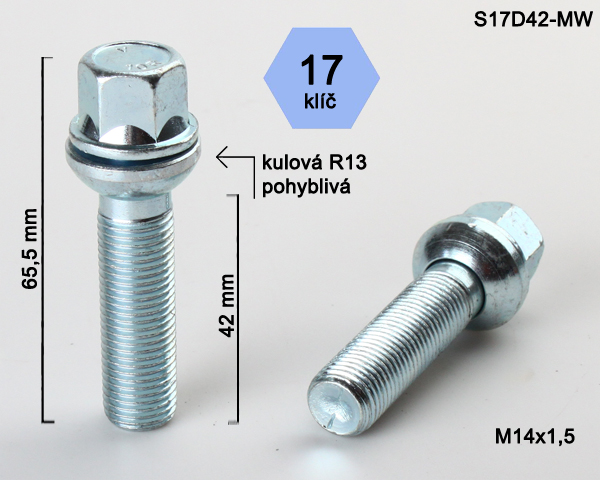 Kolový šroub M14x1,5x42mm, dosedací plocha koule R13 pohyblivá, klíč 17, pozink
