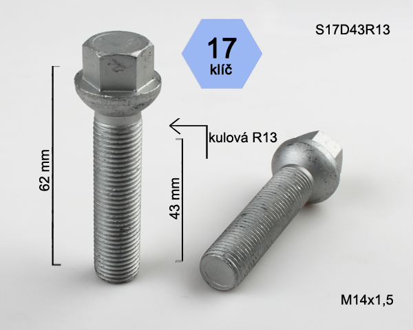 Kolový šroub M14x1,5x43mm, dosedací plocha koule R13, klíč 17, pozink