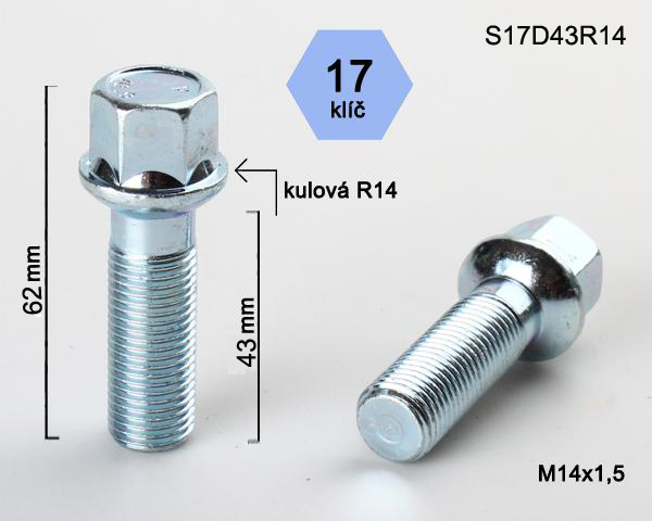 Kolový šroub M14x1,5x43mm, dosedací plocha koule R14, klíč 17, pozink
