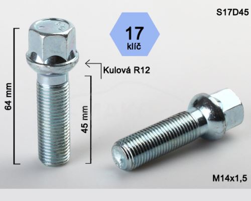 Kolový šroub M14x1,5x45mm dosedací plocha koule R12, klíč 17, pozink