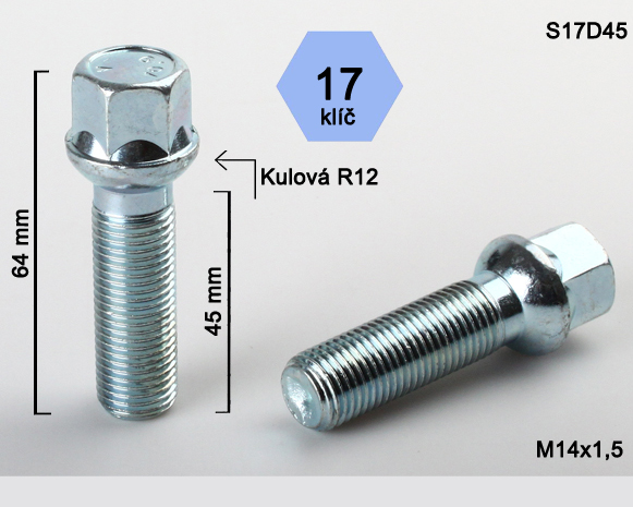 Kolové šrouby M14x1,5x45mm dosedací plocha koule R12, klíč 17, pozink G