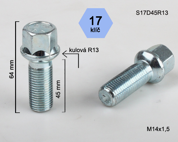 Kolový šroub M14x1,5x45mm, dosedací plocha koule R13, klíč 17, pozink G