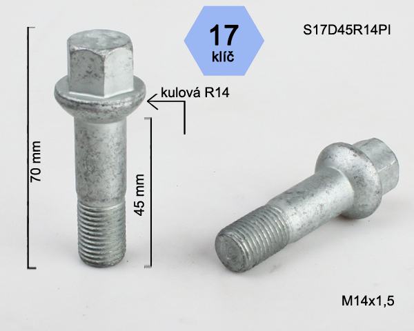 Kolový šroub M14x1,5x45mm, dosedací plocha koule R14, klíč 17, pozink