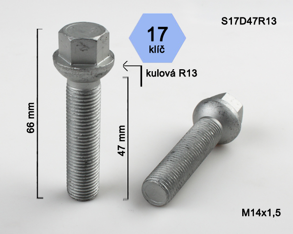 Kolový šroub M14x1,5x47mm, dosedací plocha koule R13, klíč 17, pozink