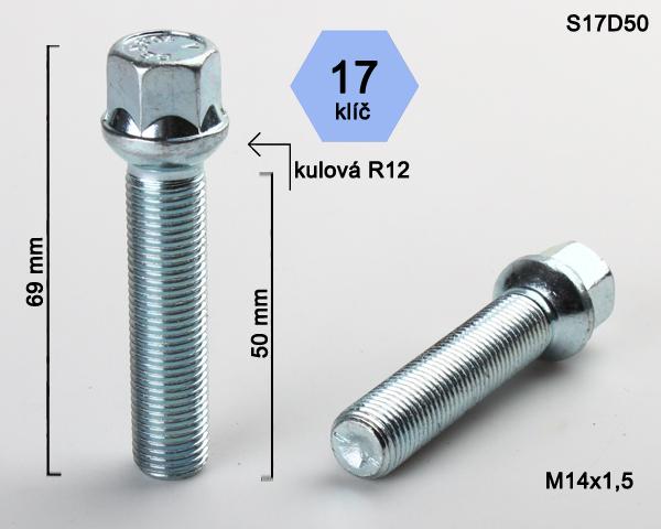 Kolový šroub M14x1,5x50mm, dosedací plocha koule R12, klíč 17, pozink