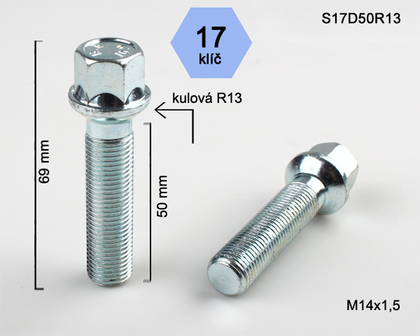 Kolový šroub M14 x 1,5 x 50mm, dosedací plocha koule R13, klíč 17, stříbrný pozink