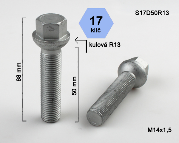 Kolový šroub M14x1,5x50mm, dosedací plocha koule R13, klíč 17, pozink