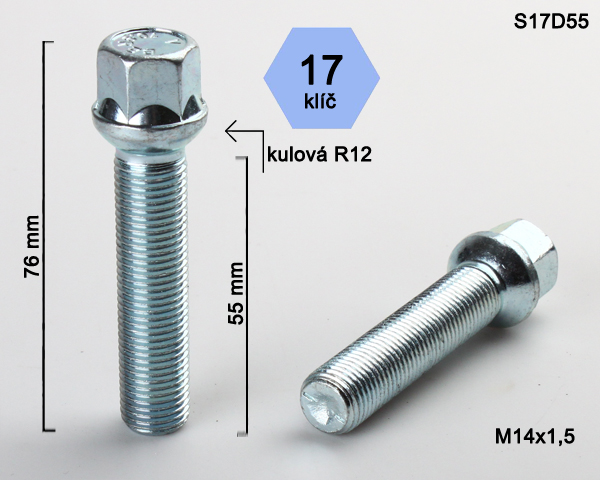 Kolový šroub M14x1,5x55mm dosedací plocha koule R12, klíč 17, pozink
