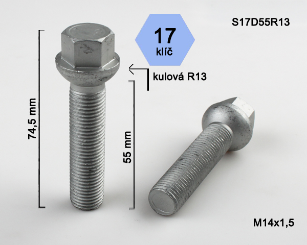 Kolový šroub M14x1,5x55mm, dosedací plocha koule R13, klíč 17, pozink