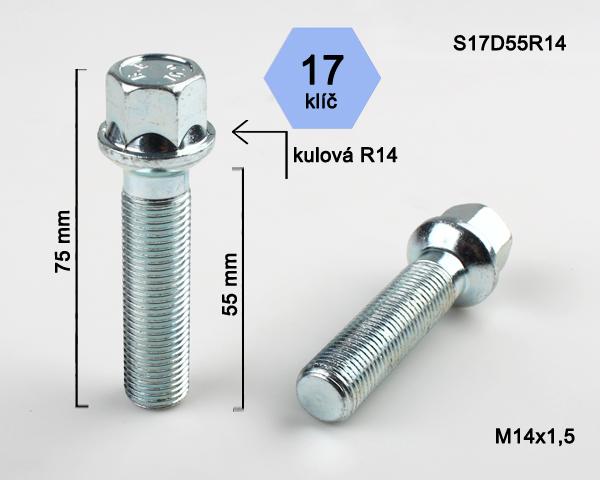 Kolový šroub M14x1,5x55mm, dosedací plocha koule R14, klíč 17, pozink