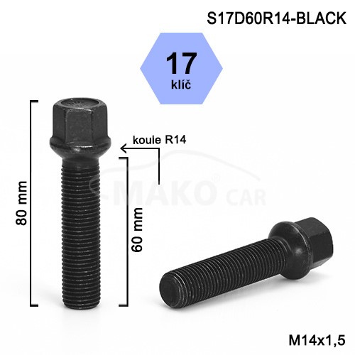 Kolový šroub M14x1,5x60mm, dosedací plocha koule R14, klíč 17, černá pozink