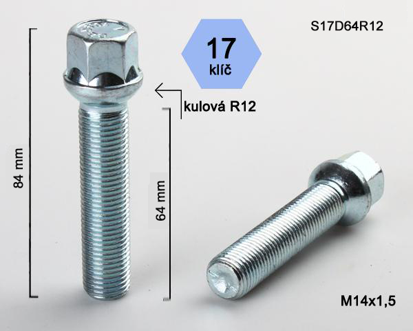 Kolový šroub M14x1,5x64mm dosedací plocha koule R12, klíč 17, pozink