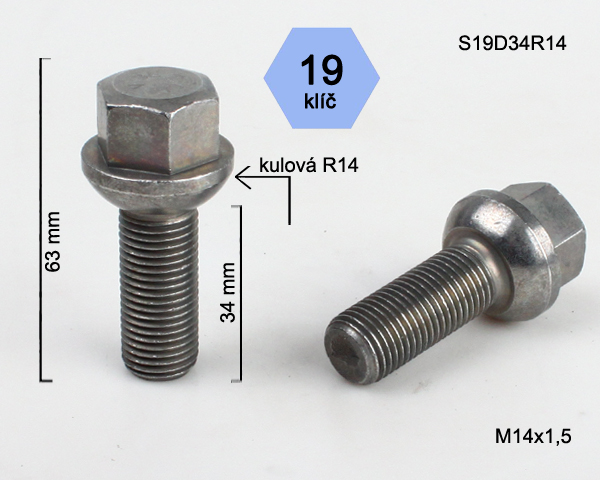 Kolový šroub M14x1,5x34mm, dosedací plocha koule R14, klíč 19, pozink