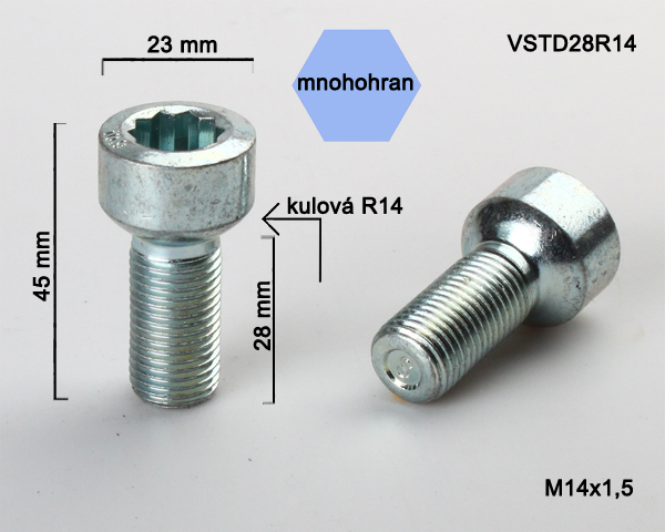 Kolový šroub M14x1,5x28 koule R14 s vnitřním mnohohranem, průměr hl. 23, pozink