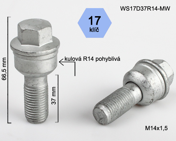 Kolový šroub M14x1,5x37mm, dosedací plocha koule R14 pohyblivá, klíč 17, pozink