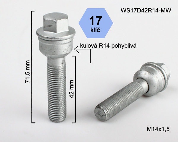 Kolový šroub M14x1,5x42mm, dosedací plocha koule R14 pohyblivá, klíč 17, pozink