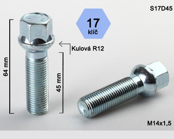 Kolový šroub M14x1,5x45mm, dosedací plocha koule R12, klíč 17, pozink
