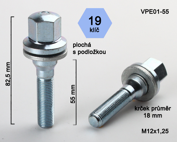 Kolový šroub M12x1,25x55mm, Peugeot s plochou podložkou, klíč 19, chrom