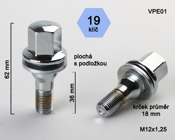 Kolový šroub M12x1,25x36mm, Peugeot s plochou podložkou, klíč 19, chrom